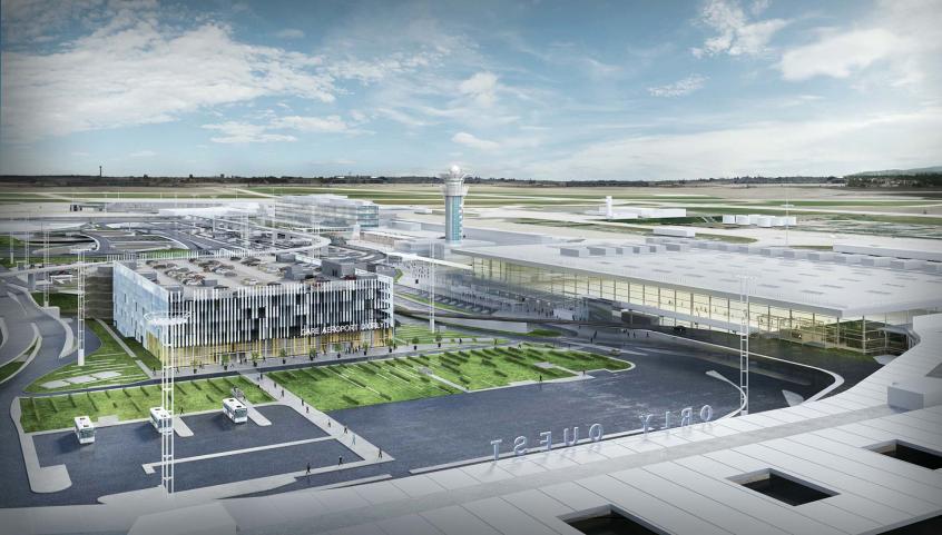 Perspective de la future gare Aéroport d’Orly, insertion dans le pôle aéroportuaire (c) Société du Grand Paris-ADP-Artefacto 